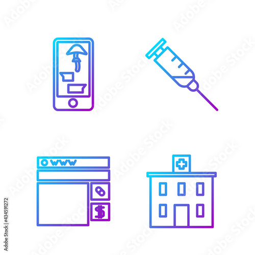 Set line Medical hospital building, Buying drugs online, Buying drugs online on phone and Syringe. Gradient color icons. Vector