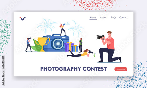 Photo Contest Landing Page Template. Characters Take Part in Photography Competition, Professional Tournament