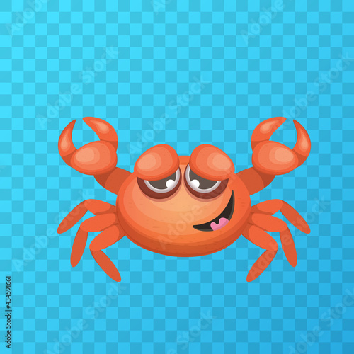 Cartoon red crab character with claws isolated on transparent grid backgound. Water animal sign. Seafood icon or logo