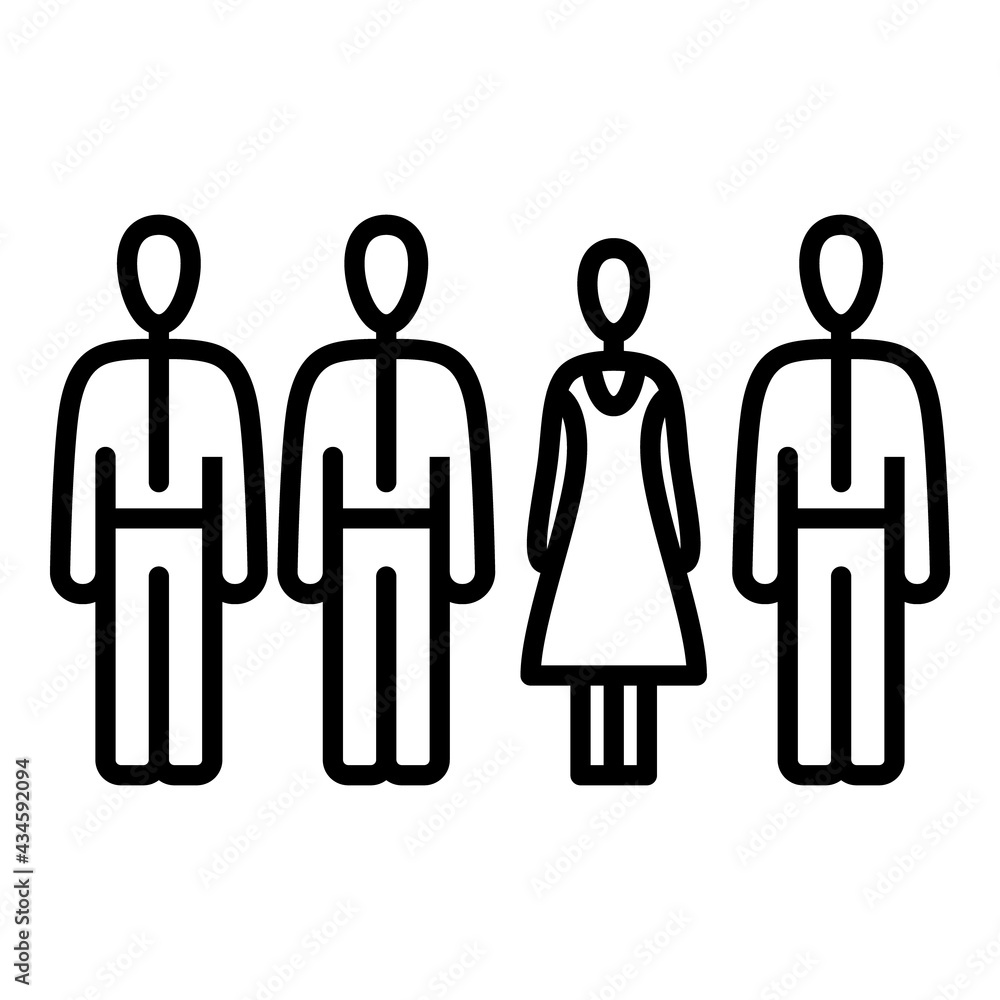 Woman in male team. Gender equality. Teamwork. Men and women in business. Vector icon, outline, isolated. Woman in male team. Gender equality. Teamwork. Men and women in business. Vector icon, outline, isolated.