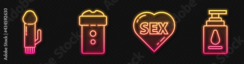 Set line Heart with text Sex, Dildo vibrator, Vagina masturbator and Personal lubricant. Glowing neon icon. Vector