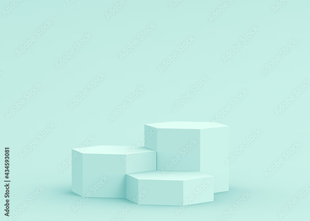 3d blue green hexagon podium minimal studio background. Abstract 3d geometric shape object illustration render. Display for technology medical and science product. 3d blue green hexagon podium minimal studio background. Abstract 3d geometric shape object illustration render. Display for technology medical and science product.