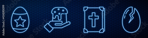 Set line Holy bible book, Easter egg, Human hand and easter cake and Broken egg. Glowing neon icon on brick wall. Vector