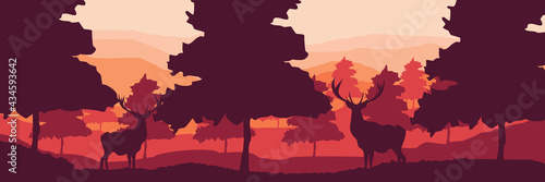 two deer in forest flat design vector illustration for wallpaper and background