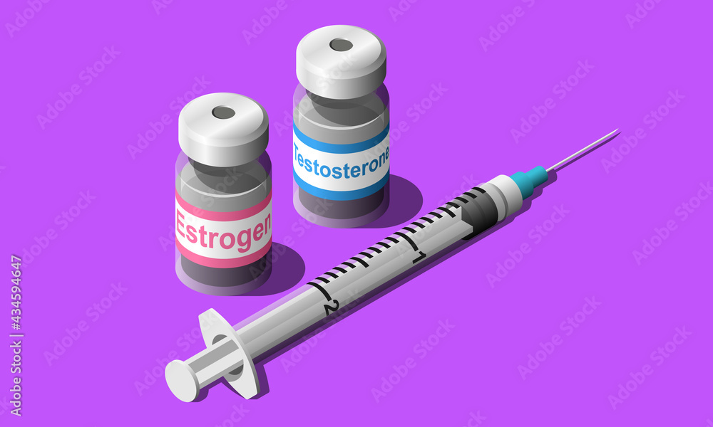 HRT hormone replacement therapy vector illustration. MtF and FtM bottles  for intramuscular injection. Isometric concept. Stock Vector