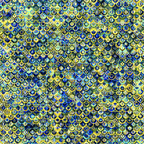 Blue and yellow seamless pattern with rings. Chain mail effect. Abstract vector background for web page, banners backdrop, fabric, home decor, wrapping