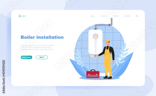 Male plumber is installing water heater or boiler