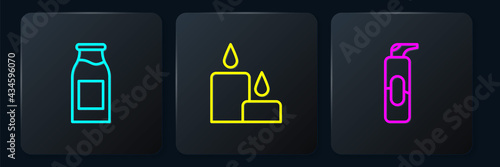 Set line Bottle with milk, Spray can for hairspray and Burning candle. Black square button. Vector