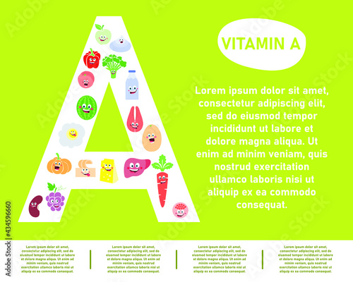 Vitamins in products. Group A vitamins in food. Infographics depicting cartoon food. Template with an empty place for your text. Healthy and nutritious food for children.