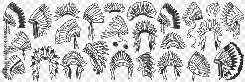 Indians feather headdress doodle set. Collection of hand drawn various accessories of indian american for wearing on head traditional culture fans isolated on transparent background 