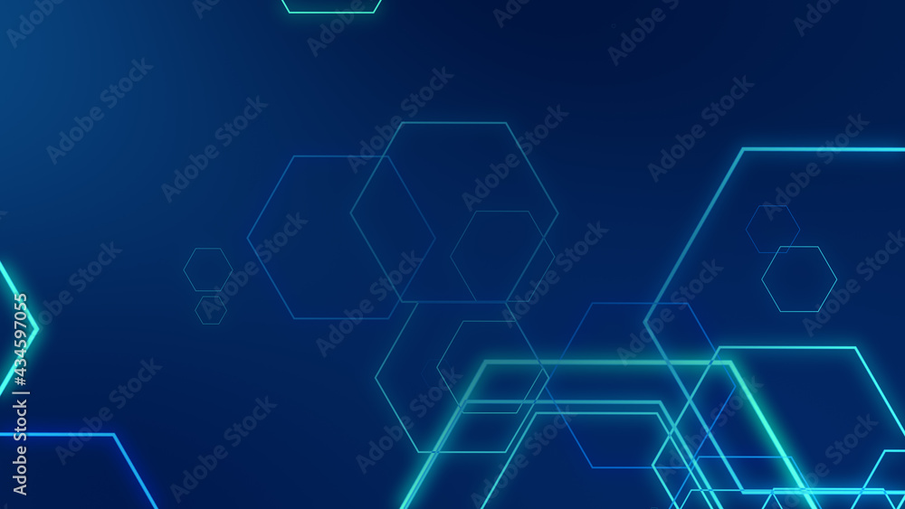 Hexagon geometric blue neon lights technology Hi-tech dark background. Abstract graphic digital future science concept design. Hexagon geometric blue neon lights technology Hi-tech dark background. Abstract graphic digital future science concept design.