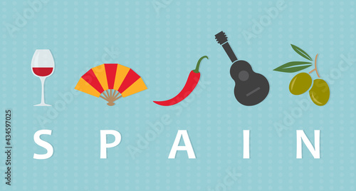 travel to Spain concept; wine glass, hand fan, chilli pepper, guitar and olives- vector illustration