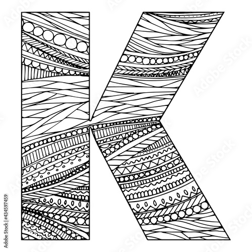Zentangle stylized alphabet - letter K. vector illustration Black white hand drawn doodle, ethnic pattern