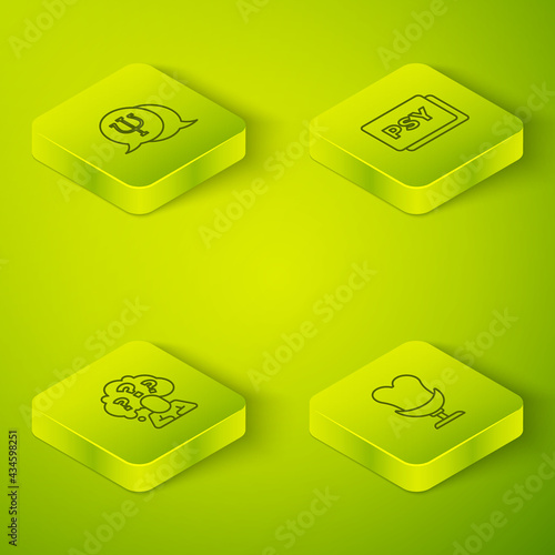Set Isometric Psychology, Psi, Head with question mark, Armchair and icon. Vector