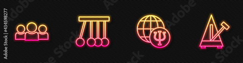 Set line Psychology, Psi, Users group, Pendulum and Metronome with pendulum. Glowing neon icon. Vector