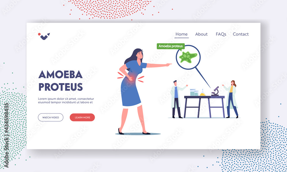 Amoeba Proteus Landing Page Template. Scientists in Laboratory Learning Protozoa Unicellular, Woman with Stomach Pain