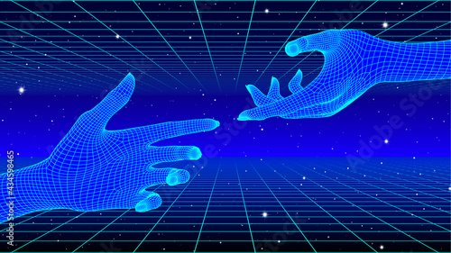 Hands touching in cyberpunk concept with 80s neon and grid style. Synthwave or vaporwave illustration with human and machine connection