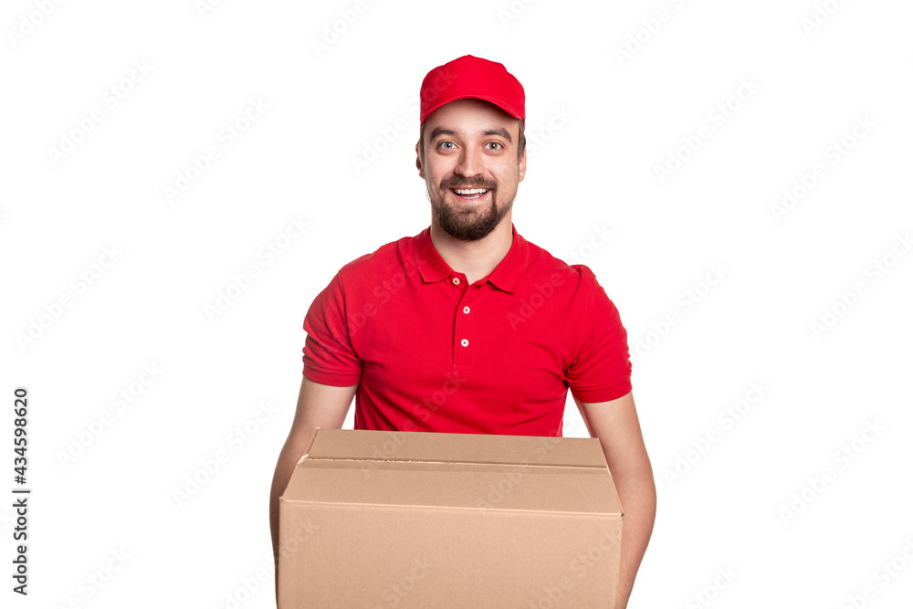 Cheerful delivery man with box on white background Cheerful delivery man with box on white background