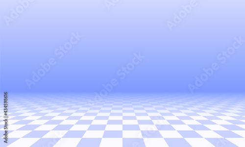 Abstract checkered floor in blue surreal interior. Room with no horizon and tiled floor.