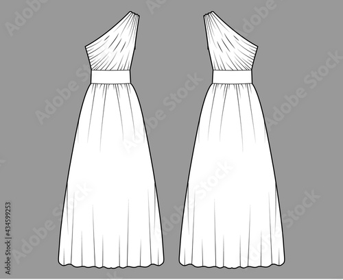 Dress one shoulder technical fashion illustration with fitted body, floor maxi length circular skirt. Flat evening apparel front, back, white color style. Women, men unisex CAD mockup