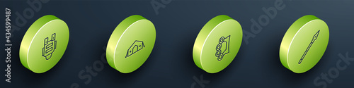 Set Isometric line Bulletproof vest, Military medical tent, Brass knuckles and Medieval spear icon. Vector