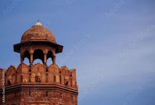 India travel tourism background - Red Fort (Lal Qila) Delhi - World Heritage Site. Inside view of the Red Fort, ancient tower of red stone in the fortress the dom