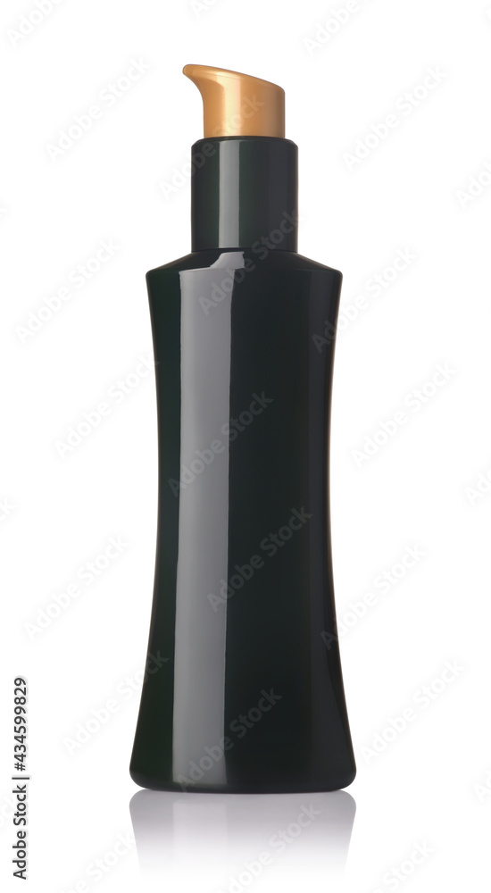 Front view of unlabeled black plastic cosmetic pump bottle Front view of unlabeled black plastic cosmetic pump bottle