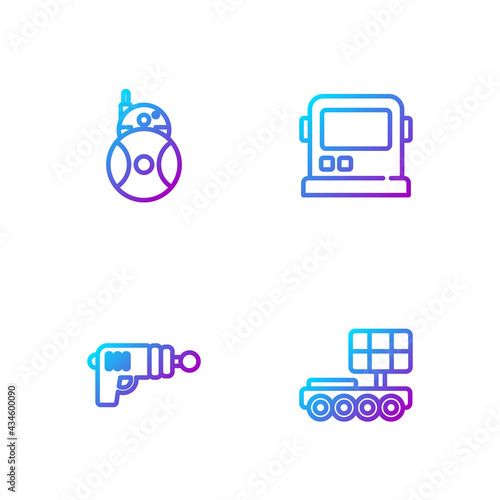 Set line Mars rover, Ray gun, Robot and Astronaut helmet. Gradient color icons. Vector