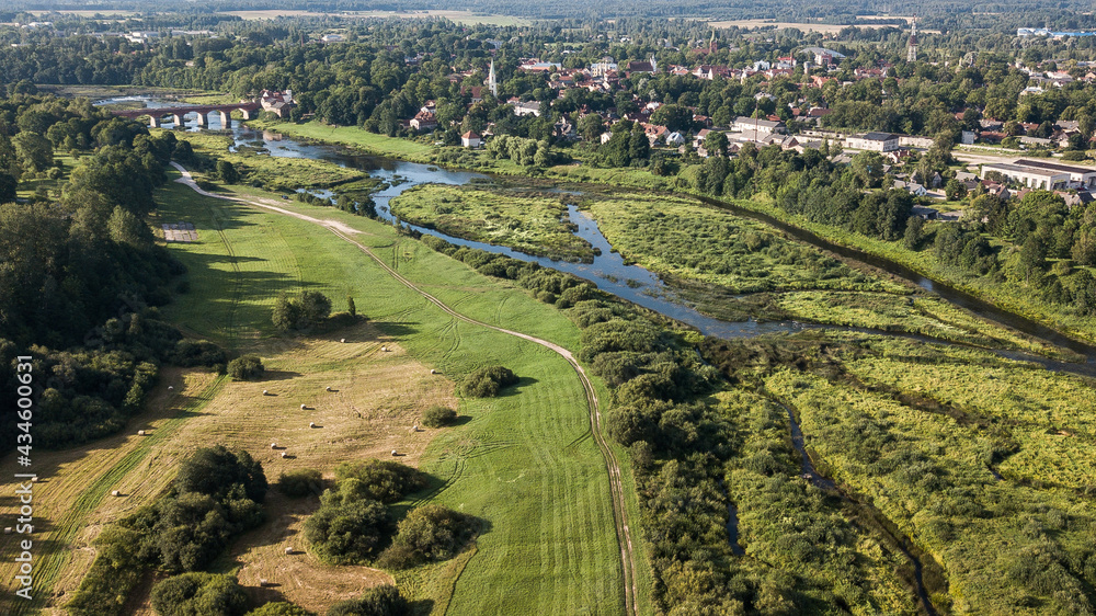 Aerial view of Venta river, Kuldiga, Latvia.