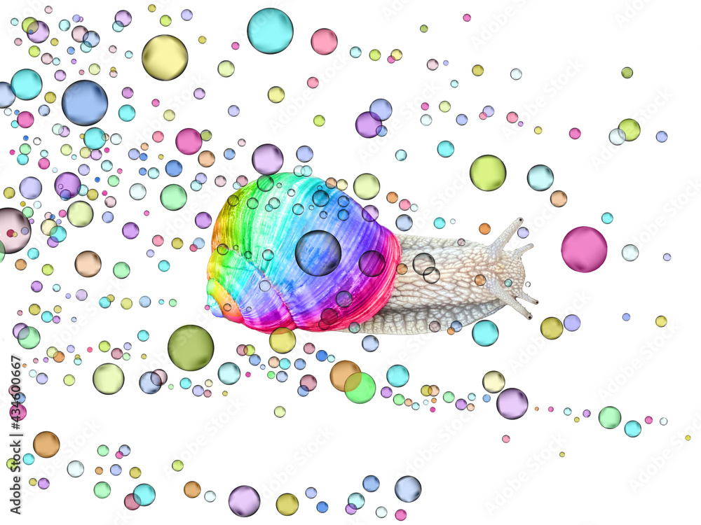 Schnecke mit regenbogenfarbenen Schneckenhaus, bunte Bubbles fliegen herum - poppig