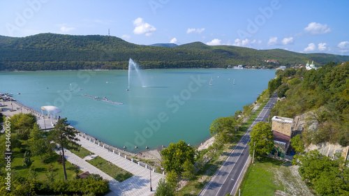 Aerial view on Abrau Durso township and lake. Caucasus. Russia