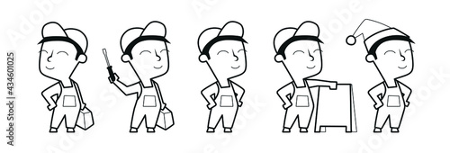 Mechanic, electrician, plumber. Funny cartoon style worker drawing.  Only outline