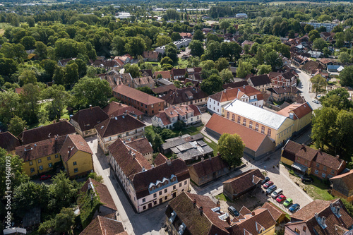 Aerial view of old town in city Kuldiga and red roof tiles  Latvia