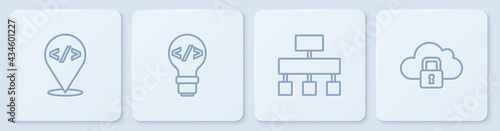 Set line Front end development, Site map, and Cloud computing lock. White square button. Vector