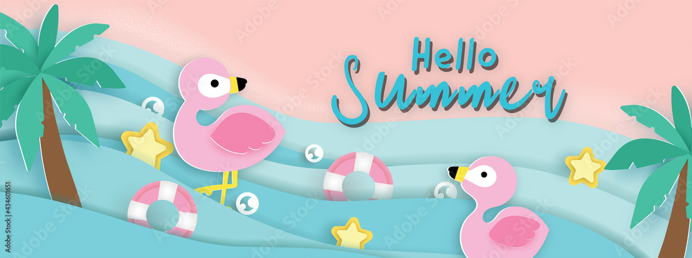 Summer banner with tropical flamingo and summer elements