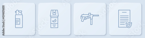 Set line Weapons oil bottle, Submachine gun M3, Pepper spray and Firearms license certificate. White square button. Vector