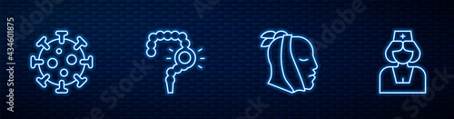Set line Toothache, Virus, Gut constipation and Nurse. Glowing neon icon on brick wall. Vector