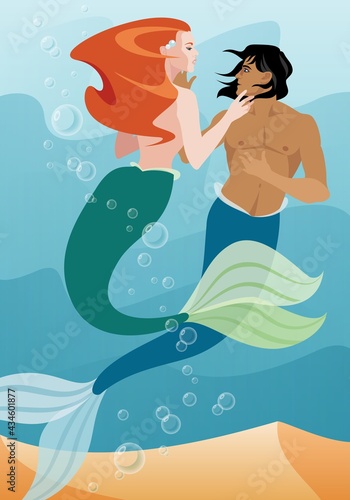 Hand drawn man and woman mermaids cartoon characters  romantic relationship. Mermaids happy romantic couple.