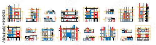 A collection of unfinished buildings. Buildings under construction. Housing construction site, offices, skyscrapers, hotels, cottages, apartments. Vector illustration isolated on white background