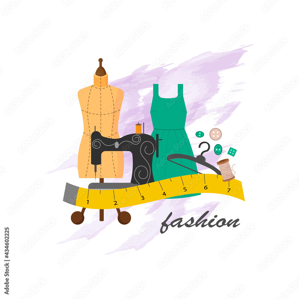Mannequin with fashionable dress, sewing machine and tailor tools. Card template for use in the fashion industry and clothing industry. Vector illustration. For logos and business cards, icons, tailor Mannequin with fashionable dress, sewing machine and tailor tools. Card template for use in the fashion industry and clothing industry. Vector illustration. For logos and business cards, icons, tailor