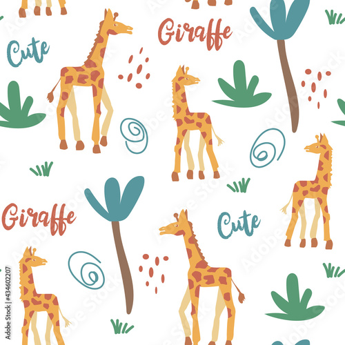 Seamless vector pattern of abstract animals, palm trees and shapes. Silhouettes of giraffes. For paper, cover, fabric, gift wrap. Vector