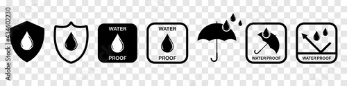 Waterproof sign collection. Water resistant icons for package. Vector elements