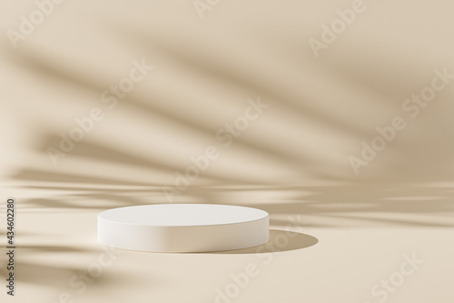 Cylinder podium or pedestal for products or advertising on beige background with leaves shadows, minimal 3d illustration render