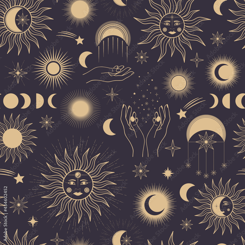 Hand drawn seamless pattern of mystical Sun, Moon, stars, woman's face, hand. Celestial space vector. Magic space galaxy sketch illustration for greeting card, invitation, wallpaper, wrapping paper Hand drawn seamless pattern of mystical Sun, Moon, stars, woman's face, hand. Celestial space vector. Magic space galaxy sketch illustration for greeting card, invitation, wallpaper, wrapping paper
