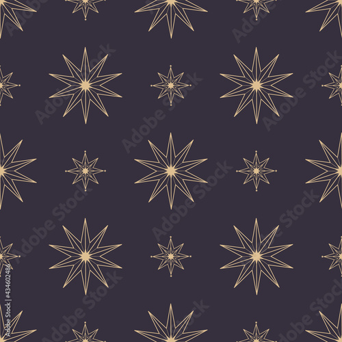 Hand drawn seamless pattern of decorative stars. Abstract celestial space vector. Christmas star icon. Ornament sketch illustration for greeting card, invitation, wallpaper, wrapping paper, fabric