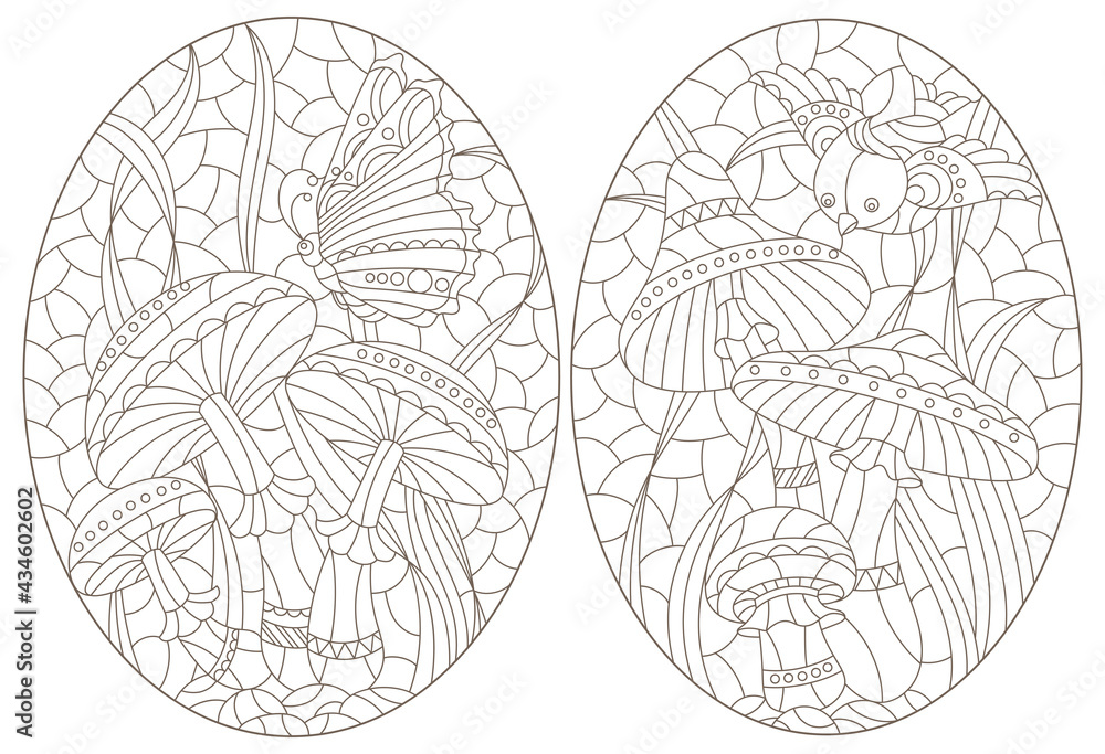 Set of contour illustrations in the style of a stained glass window with mushrooms and a butterfly, dark outlines on a white background, oval images Set of contour illustrations in the style of a stained glass window with mushrooms and a butterfly, dark outlines on a white background, oval images