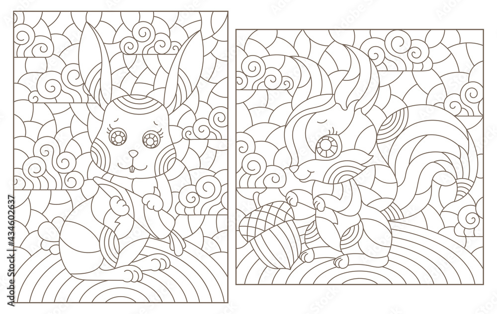 Set of contour illustrations in the style of stained glass with cute cartoon rabbit and squirrel, dark outlines on a white background