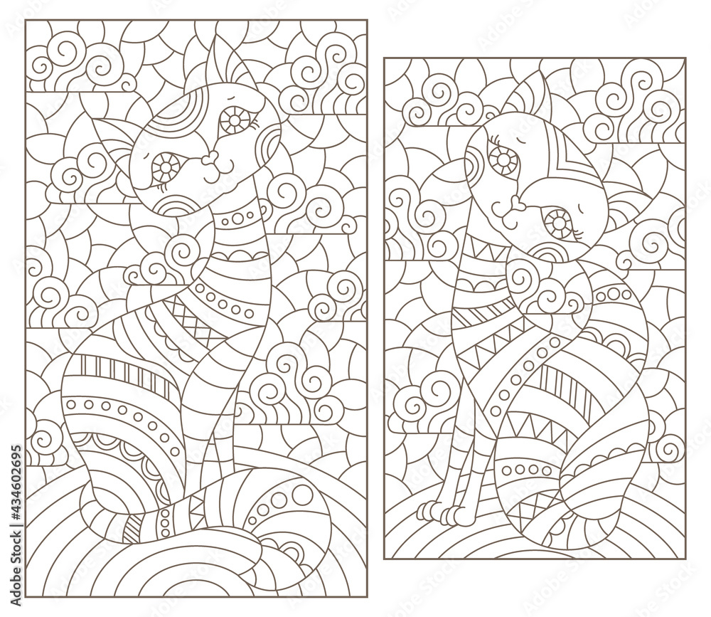 Set of contour illustrations in stained glass style with cute cartoon cats, dark outlines on a white background, rectangular image Set of contour illustrations in stained glass style with cute cartoon cats, dark outlines on a white background, rectangular image