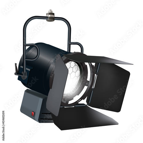 Realistic vector floodlight, soffit, studio light. Professional shooting light, studio projector. Cinema production, photoshooting. Isolated on white background. Photo-realistic vector