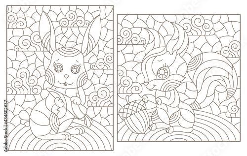 Set of contour illustrations in the style of stained glass with cute cartoon rabbit and squirrel, dark outlines on a white background